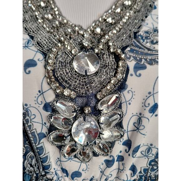 Boston Proper Peasant Bell Sleeve Paisley Beaded Rhinestone Bling Blouse Size 0 - Picture 5 of 10